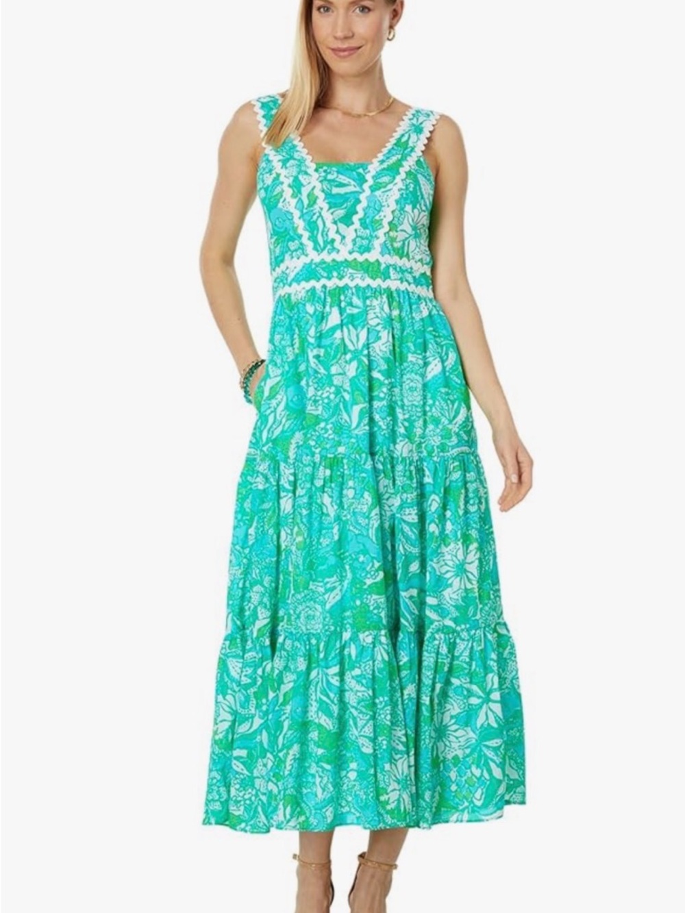 Lilly Pulitzer  Turquoise and White Floral Maxi Dress with Lace Trim